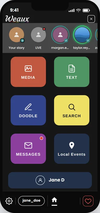 Weaux home screen, dark mode