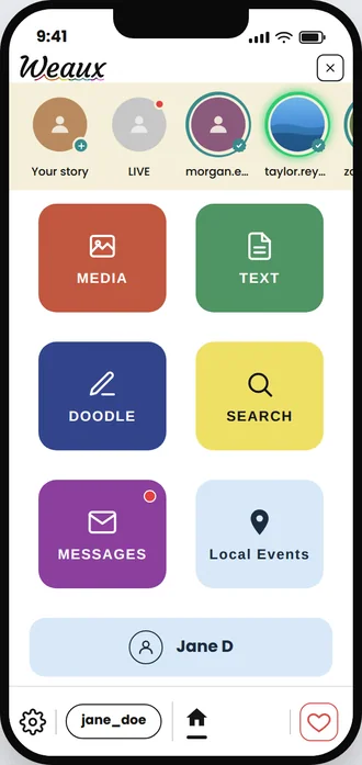 Weaux home screen, light mode